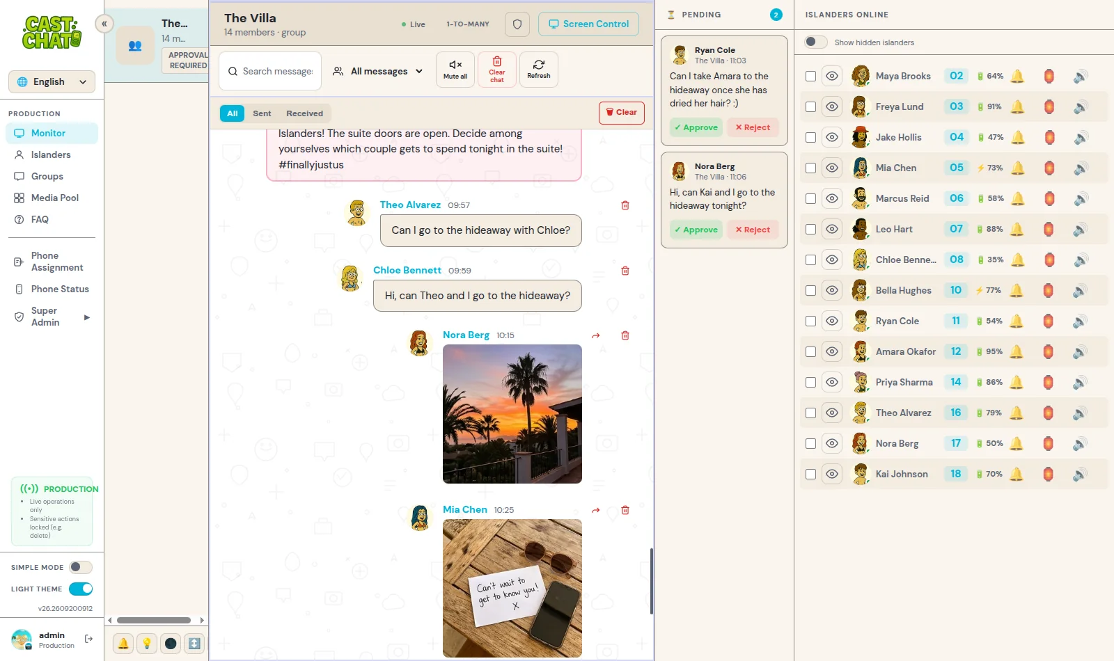 CastChat production panel showing the villa group chat, two pending requests and fourteen islanders online with battery levels