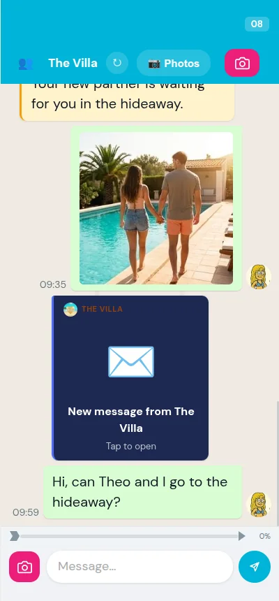 An islander's phone showing a sealed message from production and her own request