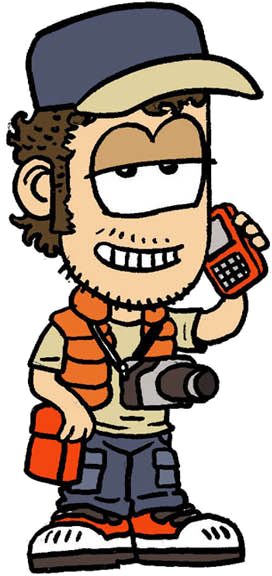 Illustrated production crew member with a camera, on the phone